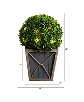 Nearly Natural 18in. Uv Resistant Artificial Boxwood Ball Topiary with Led Lights in Decorative Planter Indoor/Outdoor