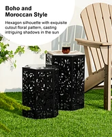 Glitzhome Multi-Functional Set of 2 Black Iron Cutout Floral Garden Stools or Planter Stand