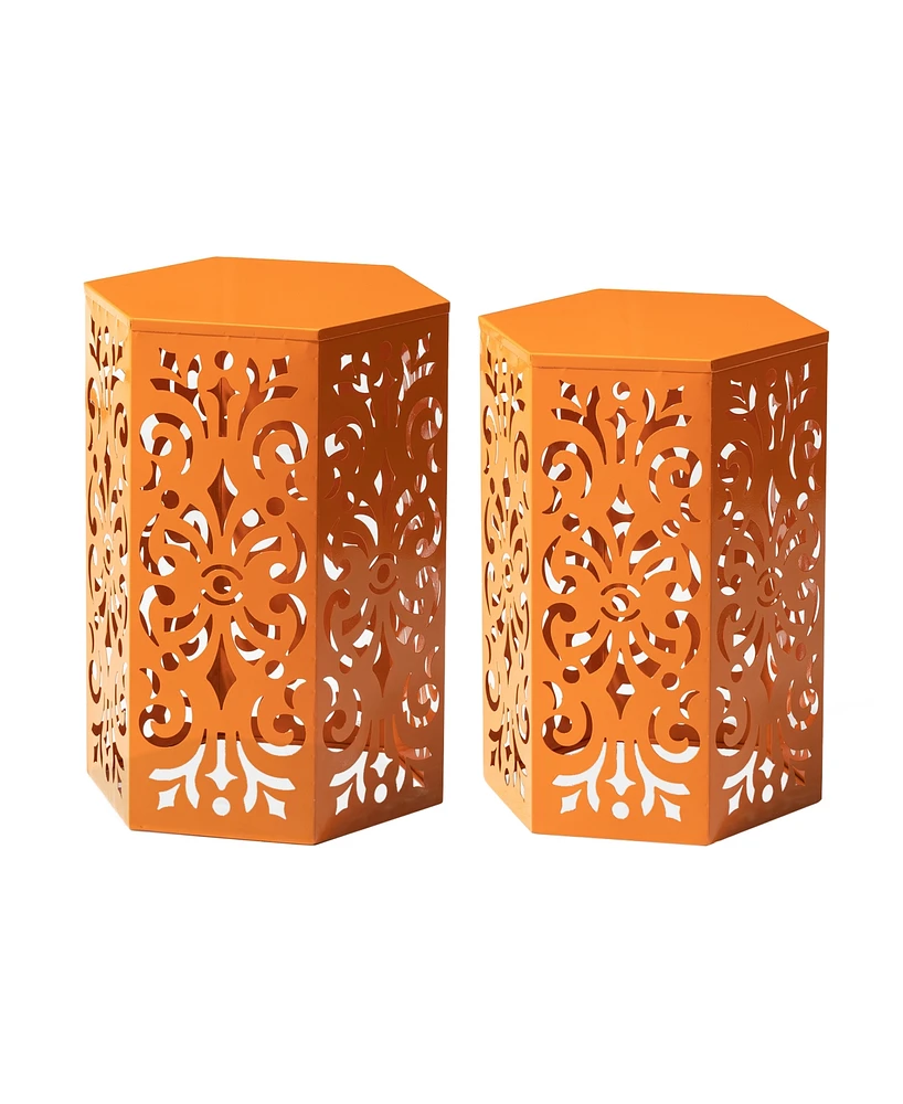 Glitzhome Multi-Functional Set of 2 Orange Cutout Floral Hexagonal Garden Stools or Planter Stand