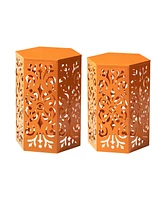 Glitzhome Multi-Functional Set of 2 Orange Cutout Floral Hexagonal Garden Stools or Planter Stand