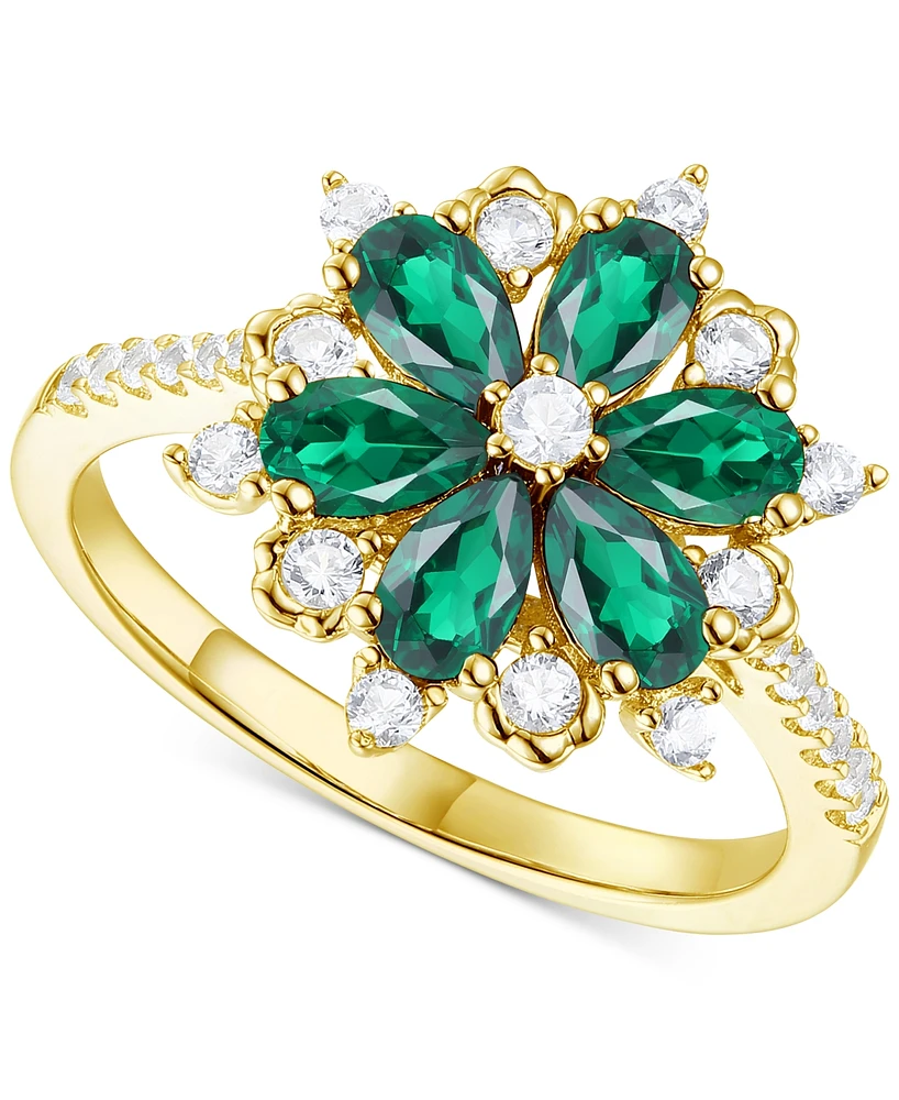 Lab-Grown Emerald (7/8 ct. t.w.) & White Sapphire (1/8 Flower Ring 14k Gold-Plated Sterling Silver (Also Additional Gemstone