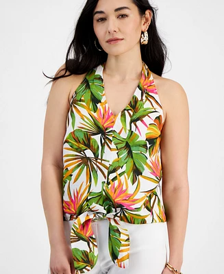 I.n.c. International Concepts Petite Linen-Blend Printed Halter Top, Created for Macy's