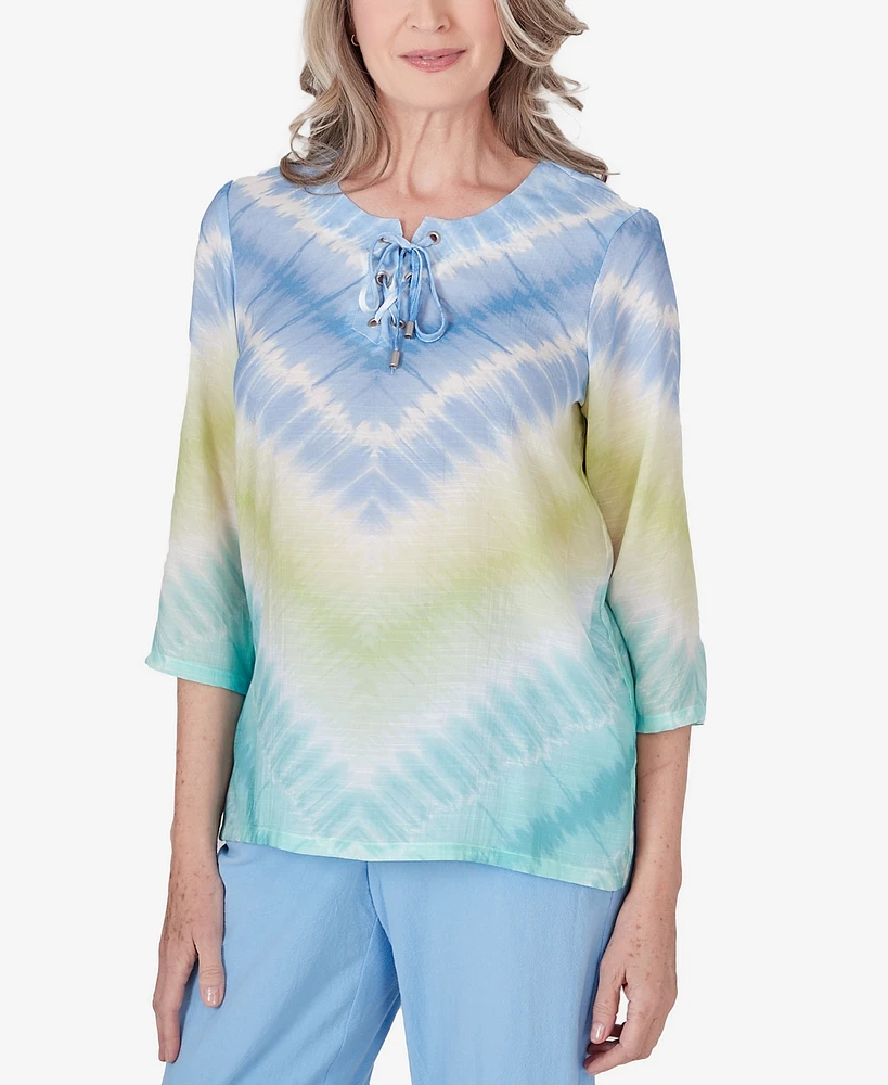 Alfred Dunner Women's Hyannisport Tie Dye Chevron Tunic Crew Neck Top