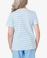 Alfred Dunner Women's Hyannisport Short Sleeve Multi-Stripe Medallion Top