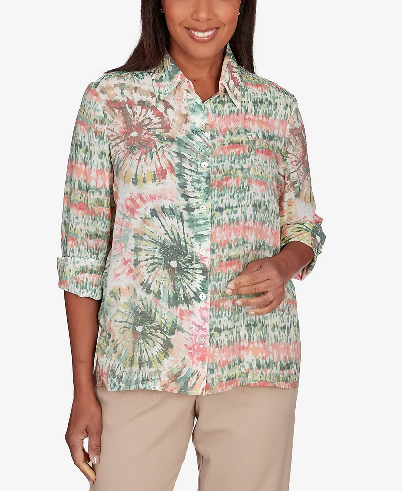 Alfred Dunner Women's Tuscan Sunset Tie Dye Button Down Blouse Top