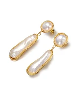 Genevive Sterling Silver with 14K Gold Plated and 2 Genuine Freshwater Pearl Dangling Earrings