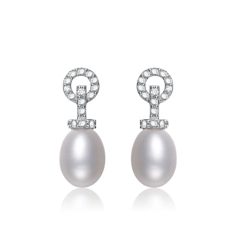 Genevive Sterling Silver White Gold Plated Cubic Zirconia Pearl Drop Earrings