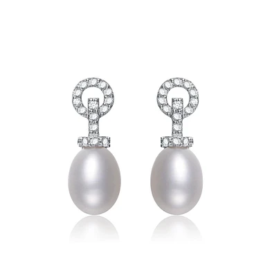 Genevive Sterling Silver White Gold Plated Cubic Zirconia Pearl Drop Earrings