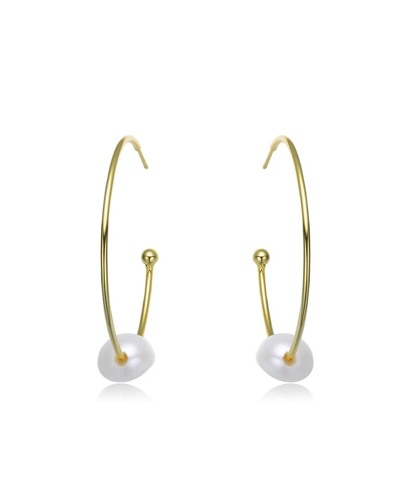 Genevive Stylish Sterling Silver 14K Gold Plating and Genuine Freshwater Pearl Round Hoop Earrings