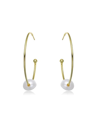 Genevive Stylish Sterling Silver 14K Gold Plating and Genuine Freshwater Pearl Round Hoop Earrings