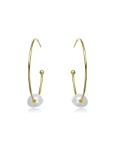 Genevive Stylish Sterling Silver 14K Gold Plating and Genuine Freshwater Pearl Round Hoop Earrings