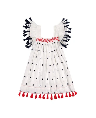Mer St. Barth Little Girls Serena Tassel Dress Red White Navy Embroidery