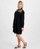 Style & Co Petite Bruno Embroidered Popover Linen-Blend Shift Dress, Created for Macy's