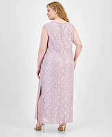 Connected Plus Sequined Lace Draped-Neck Gown