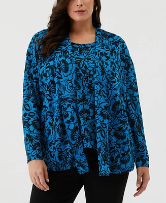 Ella Rafaella Plus Eco Floral Print Roll Collar Draped Long Sleeve Cardigan Sweater