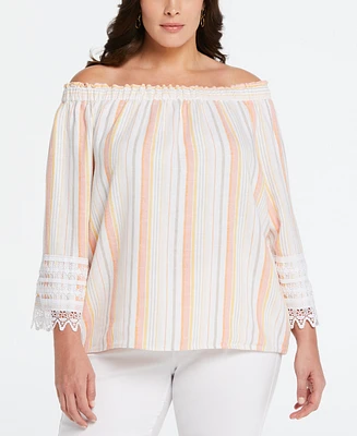 Ella Rafaella Plus Size Linen Blend Peasant Top with Lace Sleeve