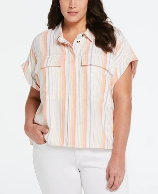 Ella Rafaella Plus Linen Blend Flap Pocket Popover Shirt