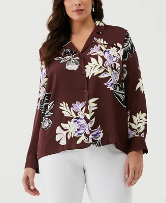 Ella Rafaella Plus Floral Print Long Sleeve Shirt with Piping