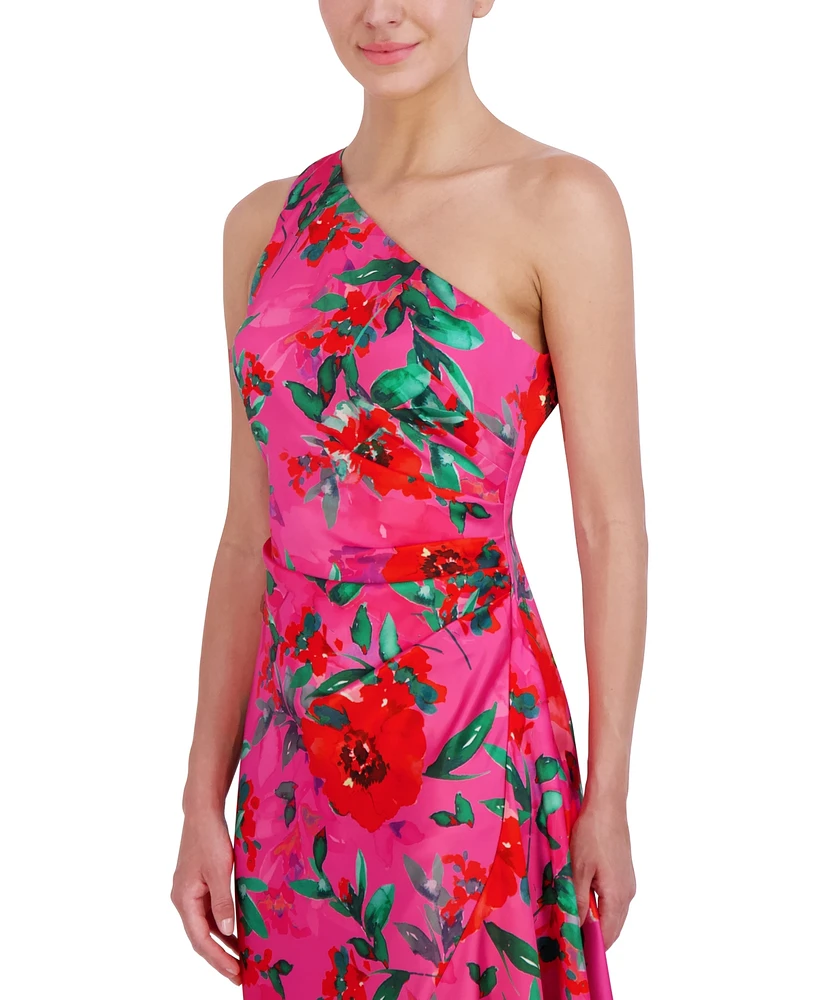Eliza J Petite Floral Satin Asymmetric-Hem Midi Dress
