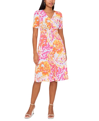 Msk Petite Floral-Print Twist-Front Midi Dress