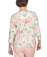 Alfred Dunner Women's English Garden Watercolor Floral Lace Neck Top