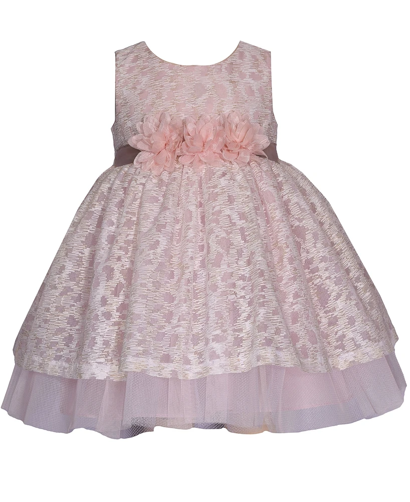 Bonnie Baby Girls Lace Overlay Dress with Illusion Neckline and Ribbon Waistline