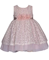 Bonnie Baby Girls Lace Overlay Dress with Illusion Neckline and Ribbon Waistline