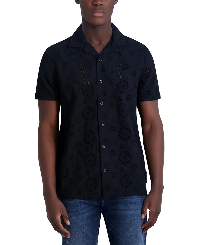 Karl Lagerfeld Paris Men's Slim-Fit Eyelet Button-Down Camp Shirt