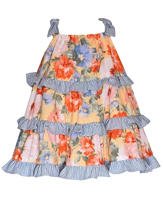 Bonnie Baby Girls Mixed Print Bow Shoulder Dress with Ruffled Tiers