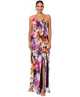 Betsy & Adam Petite Floral Ruffle-Front Long Dress