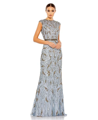Mac Duggal Women's Embellished Illusion Cap Sleeve Column Gown