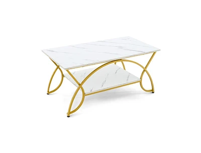 Slickblue 2-Tier Faux Marble Coffee Table with Marble Top and Metal Frame