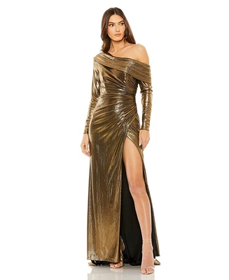 Mac Duggal Women's Long Sleeve Off The Shoulder Metallic Gown