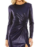 Mac Duggal Women's Ieena Long Sleeve Knot Detail Slit Metallic Dress