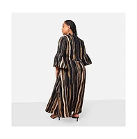 Rebdolls Plus Size Imelda Stripe Print Puff Sleeve Over d Maxi Dress