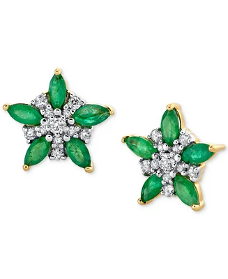 Emerald (1 ct. t.w.) & Diamond (1/5 ct. t.w.) Flower Stud Earrings in 14k Gold