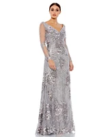 Mac Duggal Women's Embellished V Neck Illusion Long Sleeve Gown