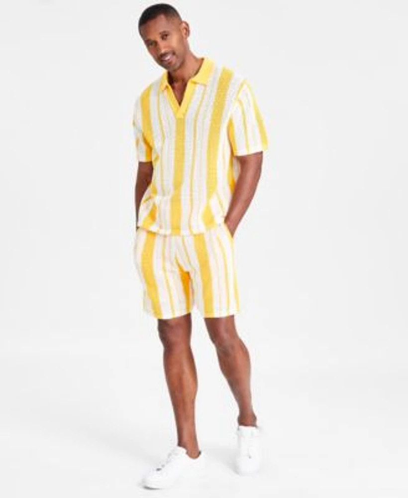 I.N.C. International Concepts Mens Regular Fit Crocheted Stripe Polo Shirt 7 Drawstring Shorts Created For Macys