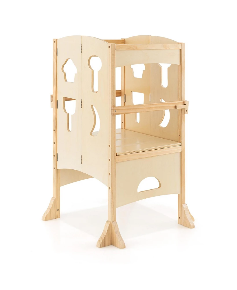Slickblue Folding Wooden Step Stool with Lockable Safety Rail for Toddler 3+