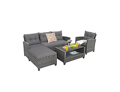 Slickblue 4 Pieces Patio Rattan Furniture Set with Cushion and Table Shelf