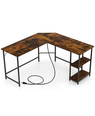 Slickblue L Shaped Computer Desk with 2 Outlets and 2 Usb Ports-Brown