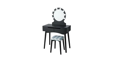 Slickblue Dressing Table with Large Round Mirror and 8 Light Bulbs for Bedroom