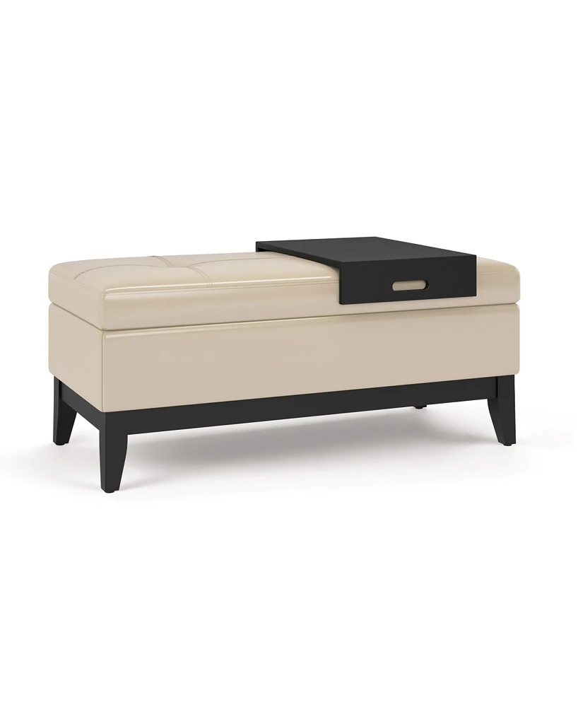 Simpli Home Oregon Storage Ottoman Bench with Tray Satin Cream Pu Leather