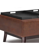 Simpli Home Owen Tray Top Small Coffee Table Storage Ottoman in Distressed Saddle Brown Pu Leather