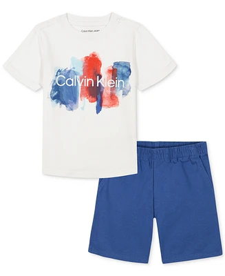 Calvin Klein Little Boys Painted Logo Short Sleeve Tee and Twill Shorts