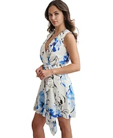 Dkny Women's Printed Tie-Waist Drape-Front A-Line Dress