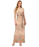 Adrianna Papell Women's Floral-Print Short Sleeve Column Gown