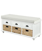 Streamdale Furniture Rustic Storage Bench With 3 Drawers And 3 Rattan Baskets, Shoe Bench For Living Room