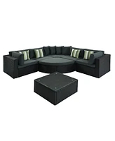 Simplie Fun 7-Piece Outdoor Wicker Sofa Set, Rattan Sofa Lounger, With Striped Pillows