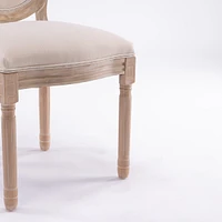 French Style Solid Wood Frame Antique Painting Linen Fabric Oval Back Dining Chair, Set Of 2, Cream